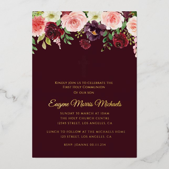 modern burgundy gold cross first communion foil invitation (Front)