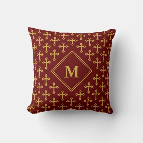 Modern Burgundy Gold CROSS Monogram Throw Pillow