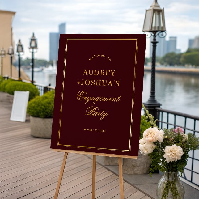 Modern Burgundy Gold Engagement Party Welcome Sign (Creator Uploaded)
