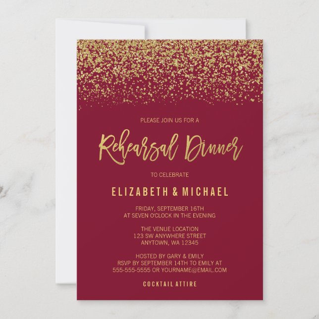 Modern Burgundy Gold Faux Glitter Rehearsal Dinner Invitation (Front)