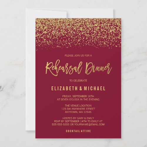 Modern Burgundy Gold Faux Glitter Rehearsal Dinner Invitation