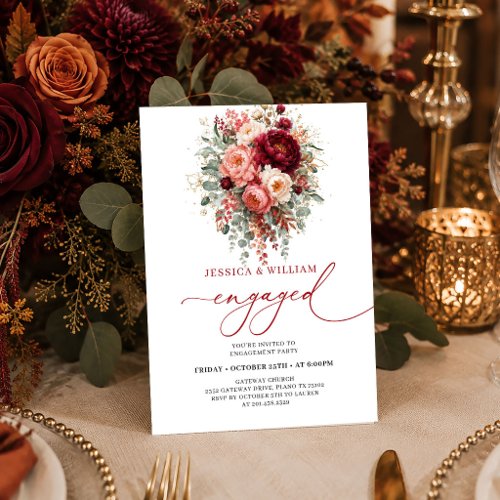 Modern Burgundy Gold Floral Autumn engagement invi Invitation