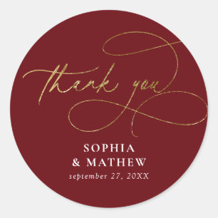 Modern Burgundy Gold Flourish Thank You Favor Classic Round Sticker