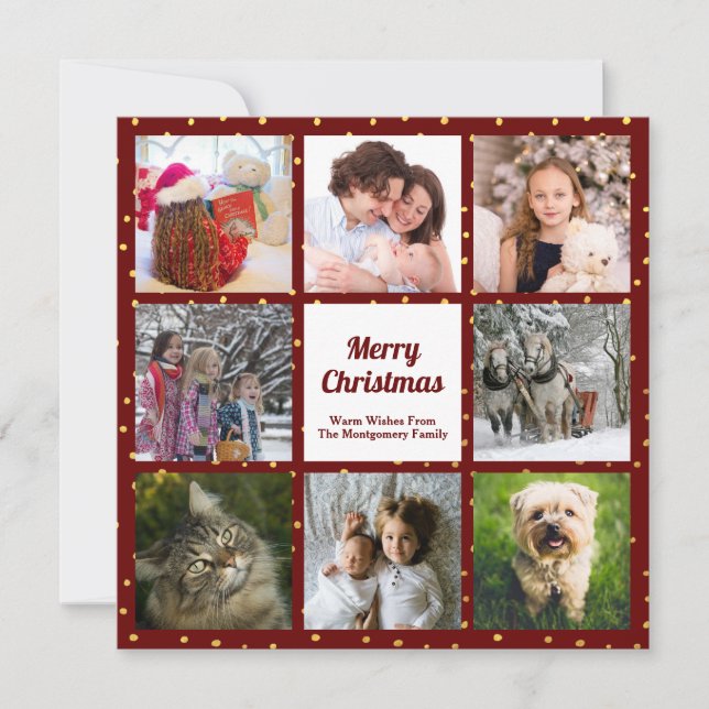 Modern Burgundy Gold Foil Dot Eight Photo Collage Holiday Card (Front)