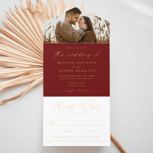 Modern Burgundy Gold Foil Script Photo Wedding All In One Invitation