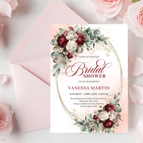Modern Burgundy Gold Frame Bridal Shower Invite