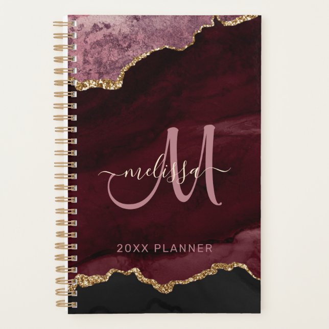 Modern Burgundy Gold Glitter Agate Monogram 2024 Planner (Front)