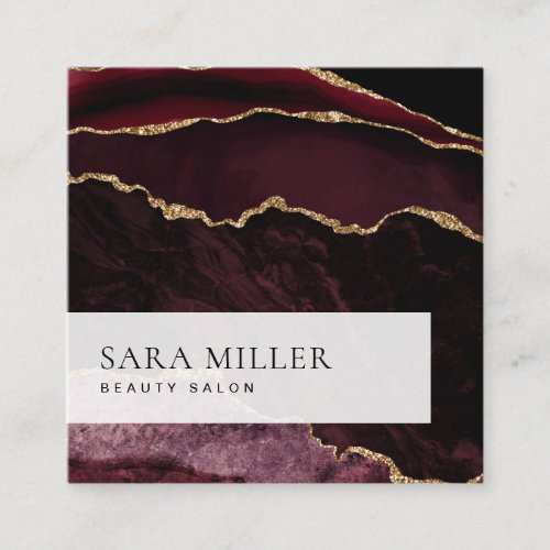 Modern Burgundy Gold Glitter Look Marble Agate Square Business Card