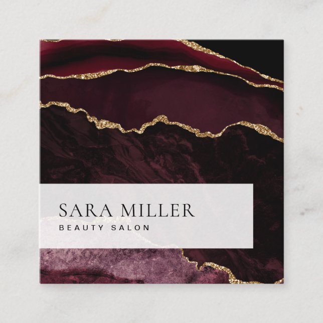 Modern Burgundy Gold Glitter Look Marble Agate Square Business Card (Front)