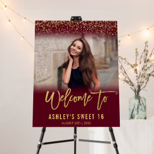 Modern Burgundy Gold Glitter Sweet 16 Photo Foam Board