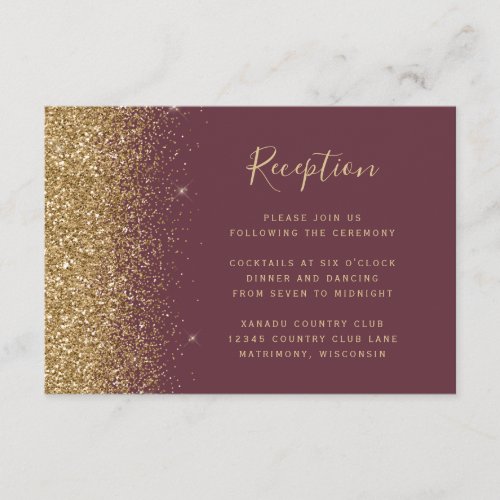 Modern Burgundy Gold Glitter Wedding Reception Enclosure Card