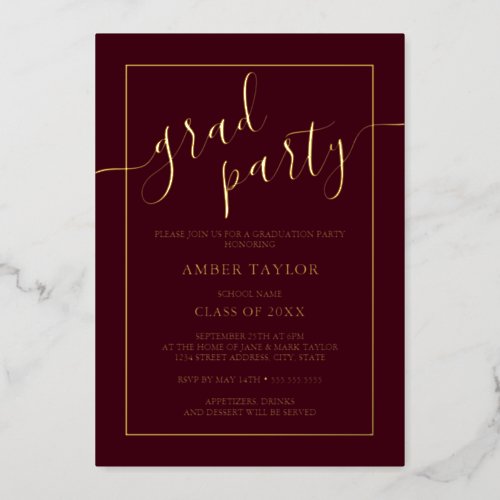 Modern Burgundy Gold Graduation Party  Foil Invitation
