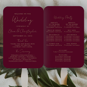Modern Burgundy Gold Handwriting Wedding Program Hand Fan