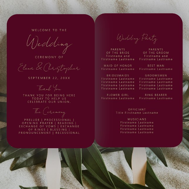 Modern Burgundy Gold Handwriting Wedding Program Hand Fan (Creator Uploaded)