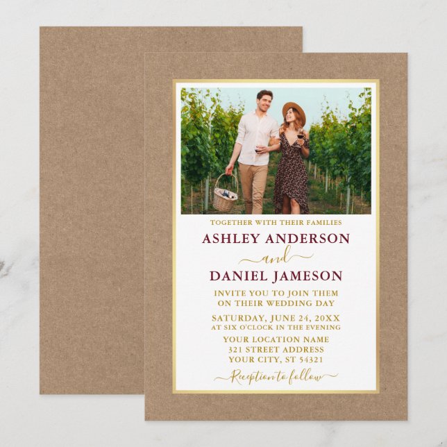 Modern Burgundy Gold Kraft Wedding Invitation (Front/Back)