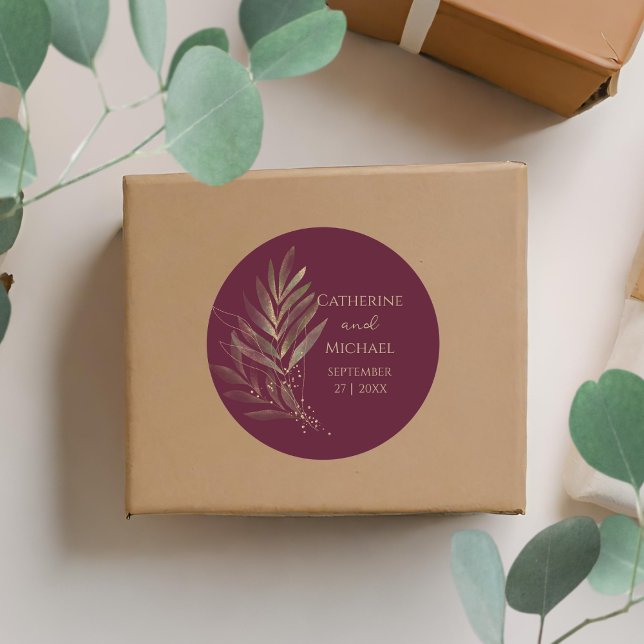 Modern Burgundy Gold Leaf Wedding Monogram Classic Round Sticker (Creator Uploaded)