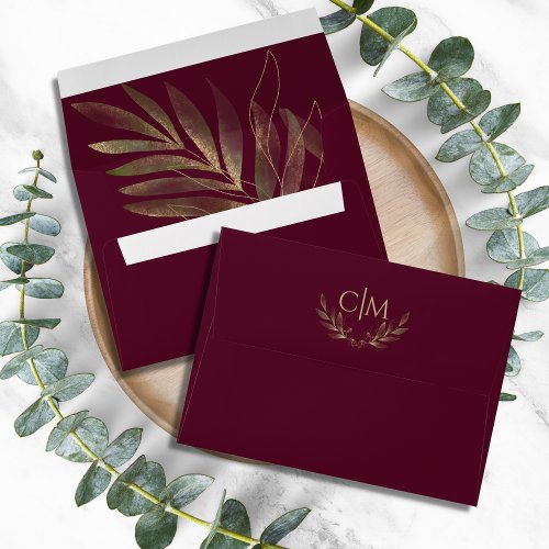 Modern Burgundy Gold Leaf Wedding Monogram Envelope