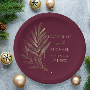 Modern Burgundy Gold Leaf Wedding Monogram Paper Plates
