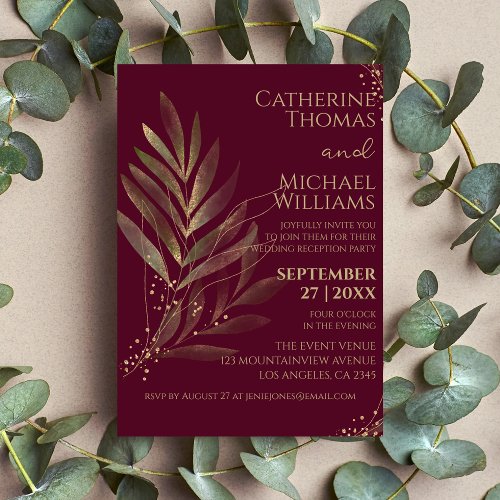 Modern Burgundy Gold Leaf Wedding Reception Invitation