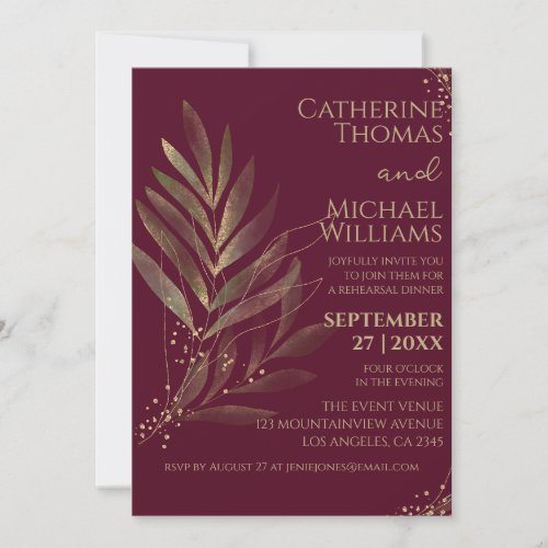 Modern Burgundy Gold Leaf Wedding Rehearsal Dinner Invitation