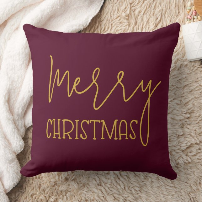 Modern Burgundy Gold Minimalist Merry Christmas Throw Pillow (Blanket)