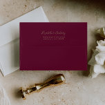 Modern Burgundy Gold Minimalist Script Wedding Envelope<br><div class="desc">Customize the back flap of this simple,  modern wedding invitation envelope with the couple's names in gold-colored handwriting script and the return address in sans serif font on a burgundy background.</div>