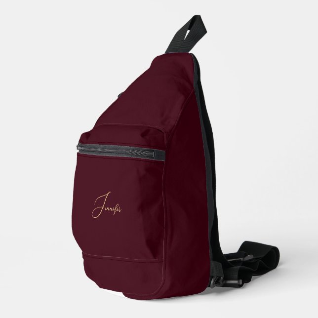 Modern Burgundy Gold Monogram Mens Womens Travel Sling Bag (Right Corner)
