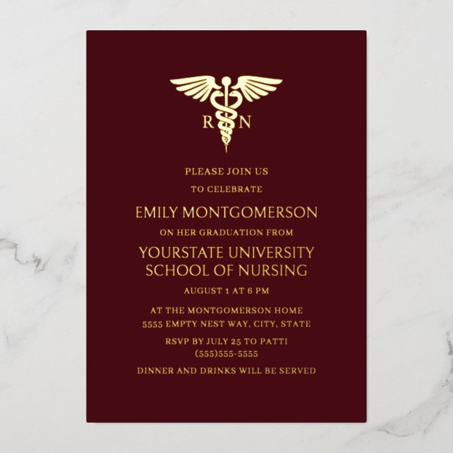 Modern Burgundy Gold Nursing School RN Graduation Foil Invitation (Front)