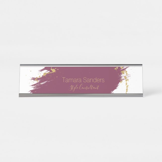Modern Burgundy Gold Paint Strokes Desk Name Plate (Front)