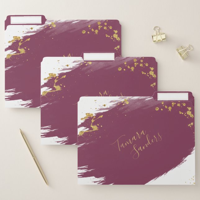 Modern Burgundy Gold Paint Strokes - File Folder (Set)