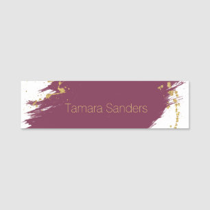 Modern Burgundy Gold Paint Strokes Name Tag