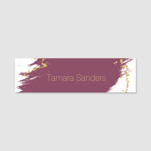 Modern Burgundy Gold Paint Strokes Name Tag (Front)