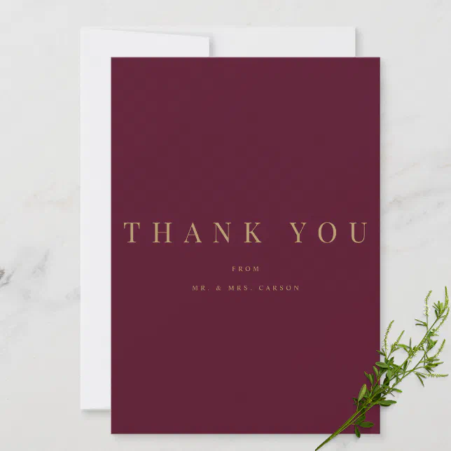 Modern Burgundy & Gold Personalized Thank you Card | Zazzle