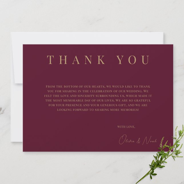 Modern Burgundy & Gold Personalized Thank you Card (Creator Uploaded)