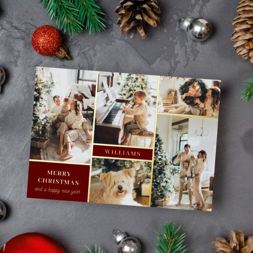 Modern Burgundy Gold Photo Collage Merry Christmas Foil Holiday Card
