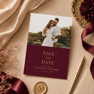 Modern Burgundy Gold Photo Save the Date Card