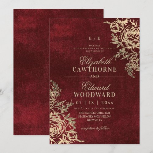 Modern Burgundy & Gold ⎮Rose Elegant Wedding Invitation