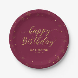 Modern burgundy & Gold Sparkle Happy Birthday Paper Plates