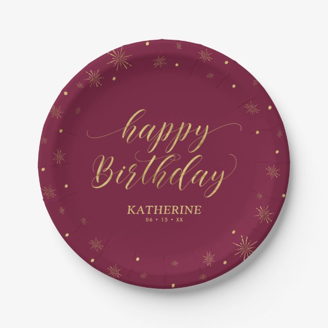 Modern burgundy & Gold Sparkle Happy Birthday Paper Plates (Front)