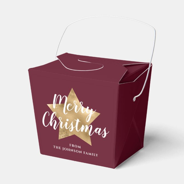 Modern Burgundy Gold Star Christmas Favor Boxes (Front Side)