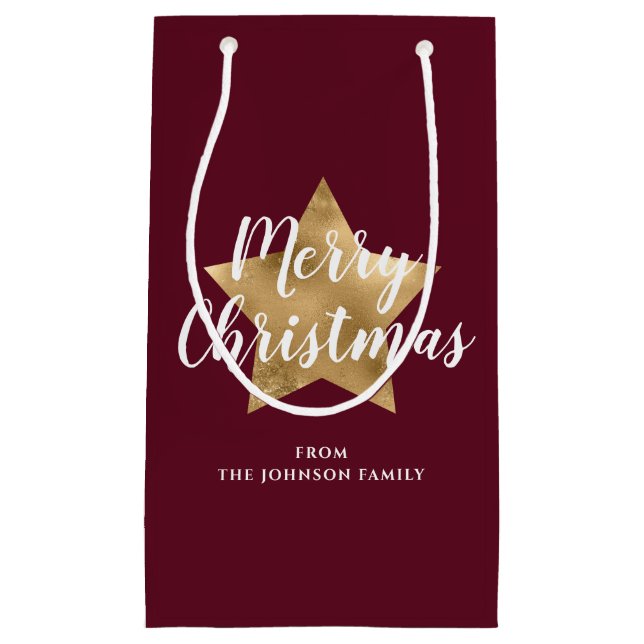 Modern Burgundy Gold Star Christmas Small Gift Bag (Front)