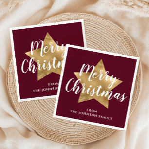 Modern Burgundy Gold Star Merry Christmas Napkins