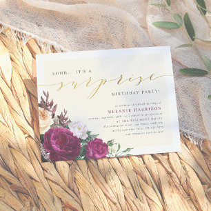 Modern Burgundy & Gold Surprise Birthday Party Invitation Postcard
