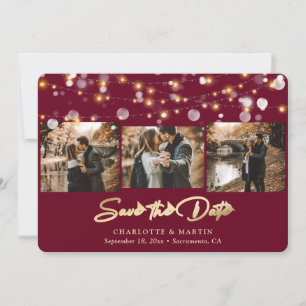 Modern Burgundy Gold Wedding 3 Photo Save The Date