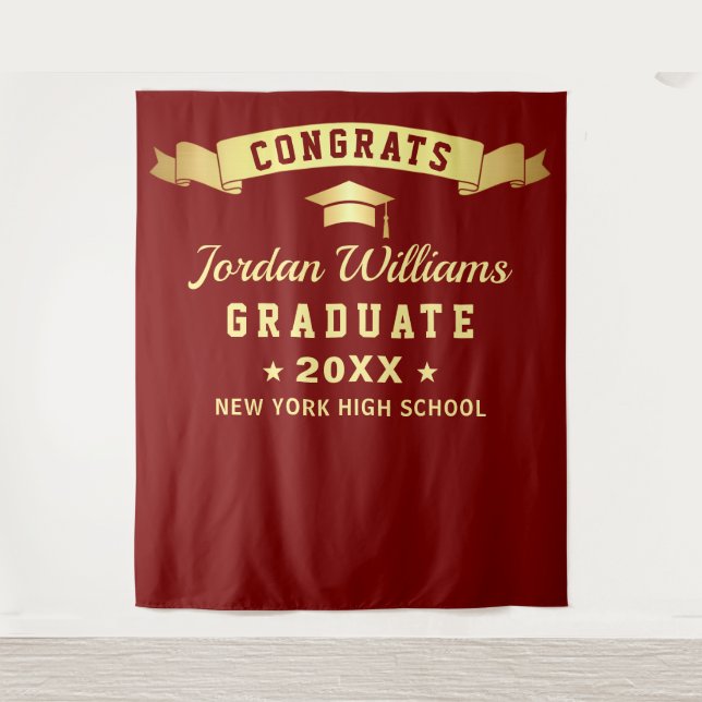 Modern Burgundy Golden Graduation Photo Backdrop (Front)