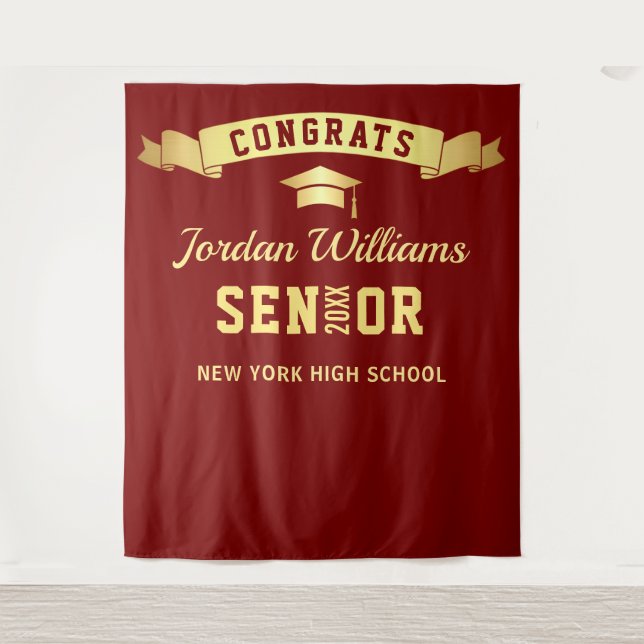 Modern Burgundy Golden Graduation Photo Backdrop (Front)
