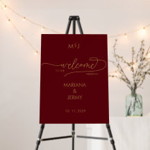 Modern Burgundy Golden Leaflet Border Monogram
