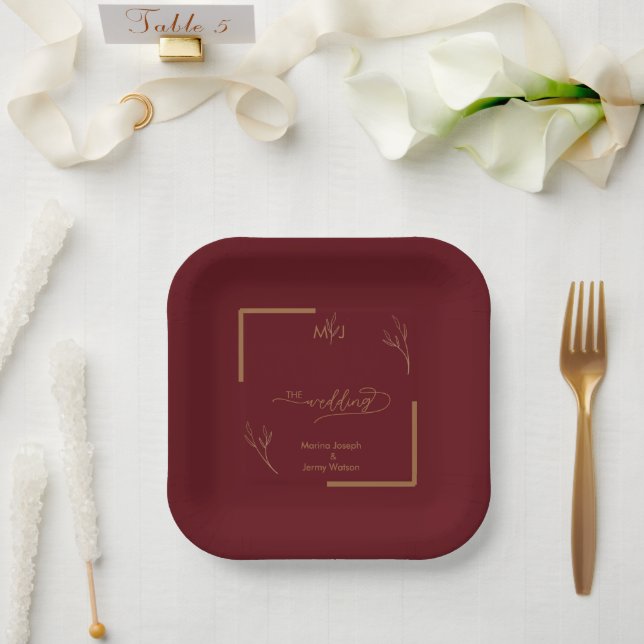 Modern Burgundy Golden Leaflet Border Monogram Paper Plates (Wedding)