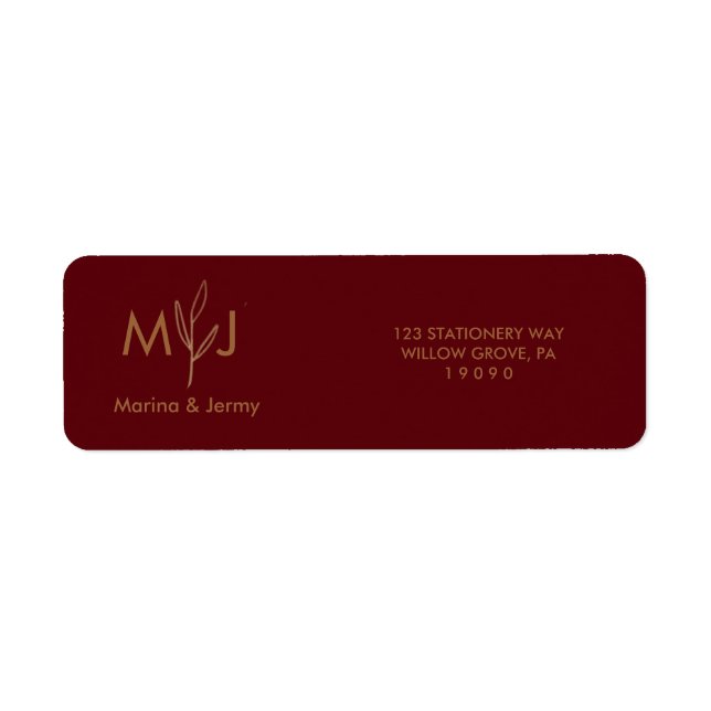 Modern Burgundy Golden Leaflet Monogram  Label (Front)