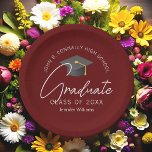 Modern Burgundy Graduate Custom Graduation Party Paper Plates<br><div class="desc">These modern burgundy custom senior graduation party plates features your high school or college name for the class of 2026. Customize with your graduating year under the chic handwritten script and grey grad cap for great formal personalized graduate decor.</div>